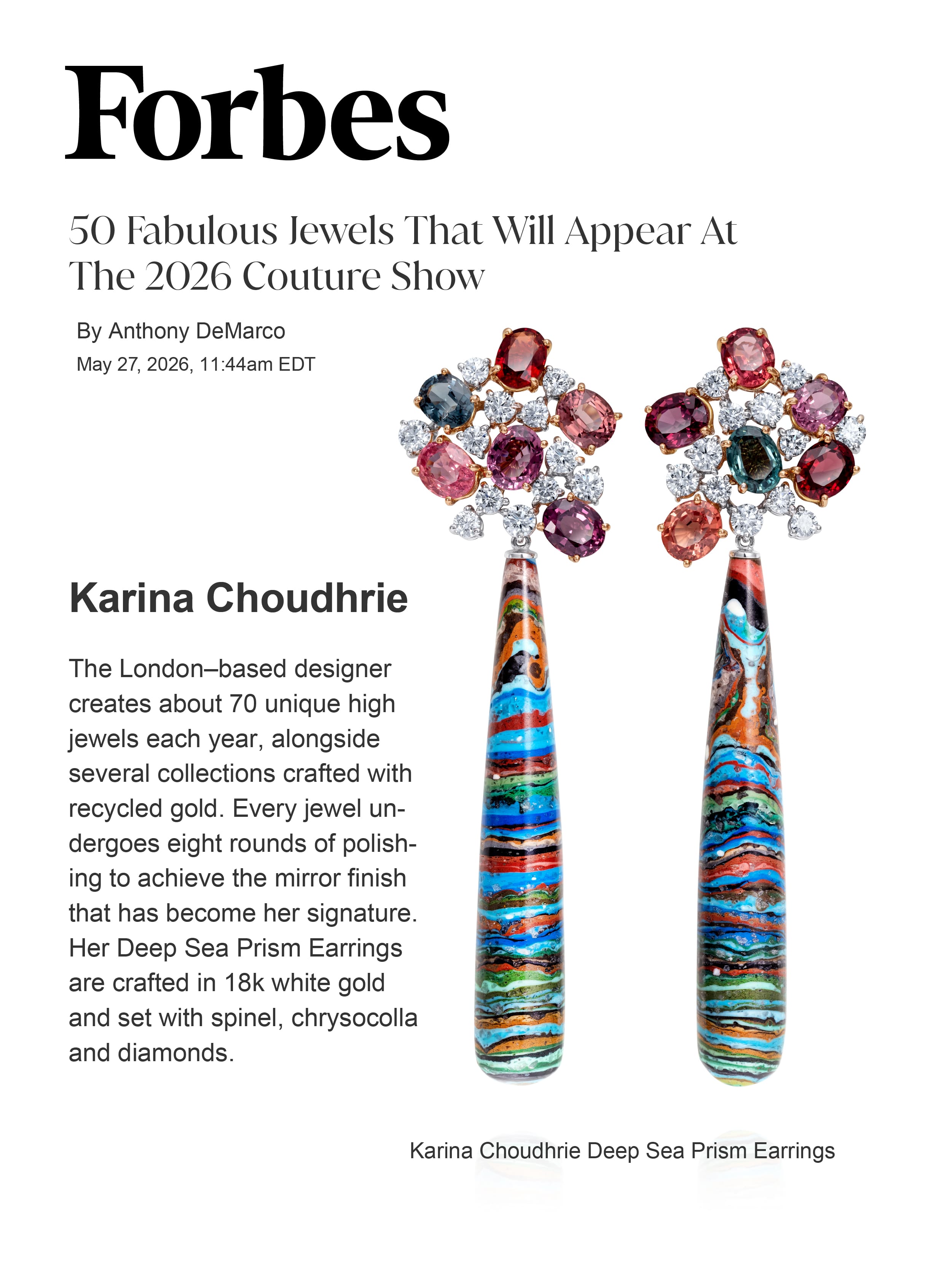 Forbes 2026 Couture Show preview featuring Karina Choudhrie Deep Sea Prism earrings