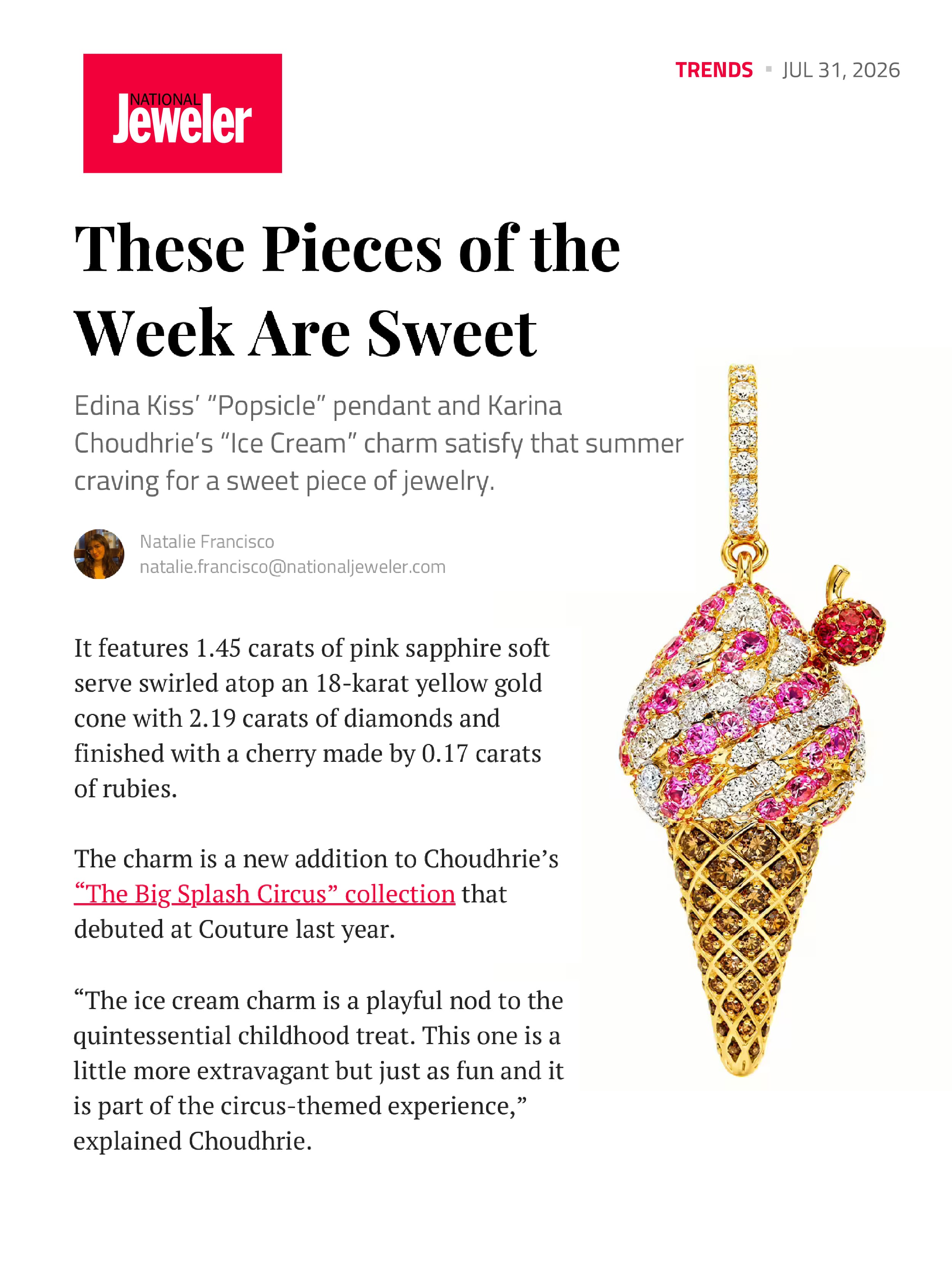 National Jeweler feature These Pieces of the Week Are Sweet